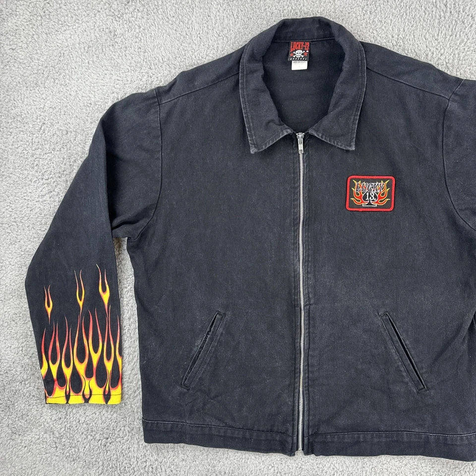 Chaqueta de Colección Lucky 13 Ropa Para Hombres L Y2K Hecha en EE. UU. Negra con Cremallera Estampado de Llama Foto 4 de 4