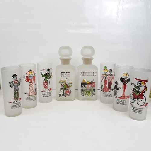 Vintage Federal Glass frosted Gay Nineties barware 6 glasses & 2 decanters