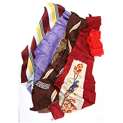 Vintage Lot Tie Fabric Remnants Birds Nature Floral Stripes Silk Polyester 1940s