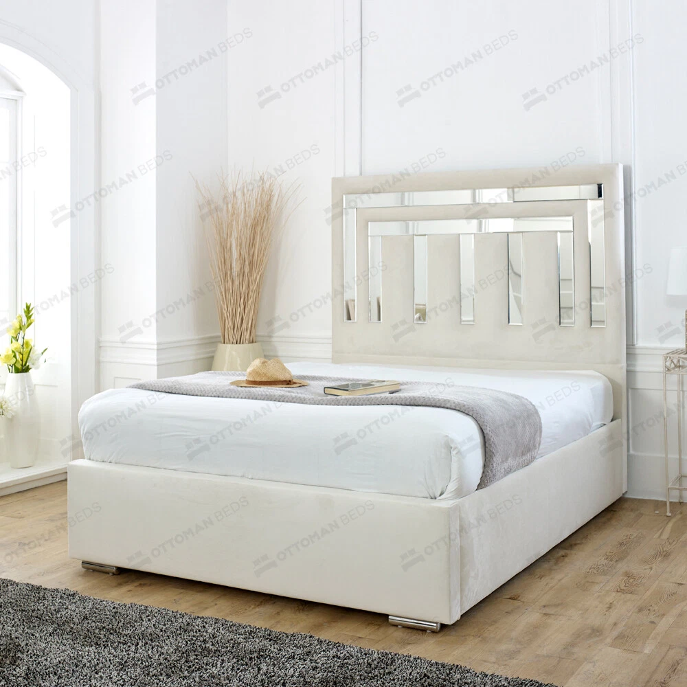 Mirrored Bed Upholstered Ottoman Gas Lift Storage Divan Bed Frame with Headboard