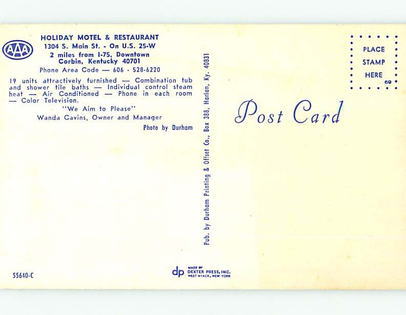 Unused Pre1980 OLD CARS & HOLIDAY MOTEL & RESTAURANT Corbin KY 60k