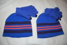 Boys 2 LOT HAT GLOVES SET Winter Beanie BLUE GRAY NEON ORANGE Touch Screen
