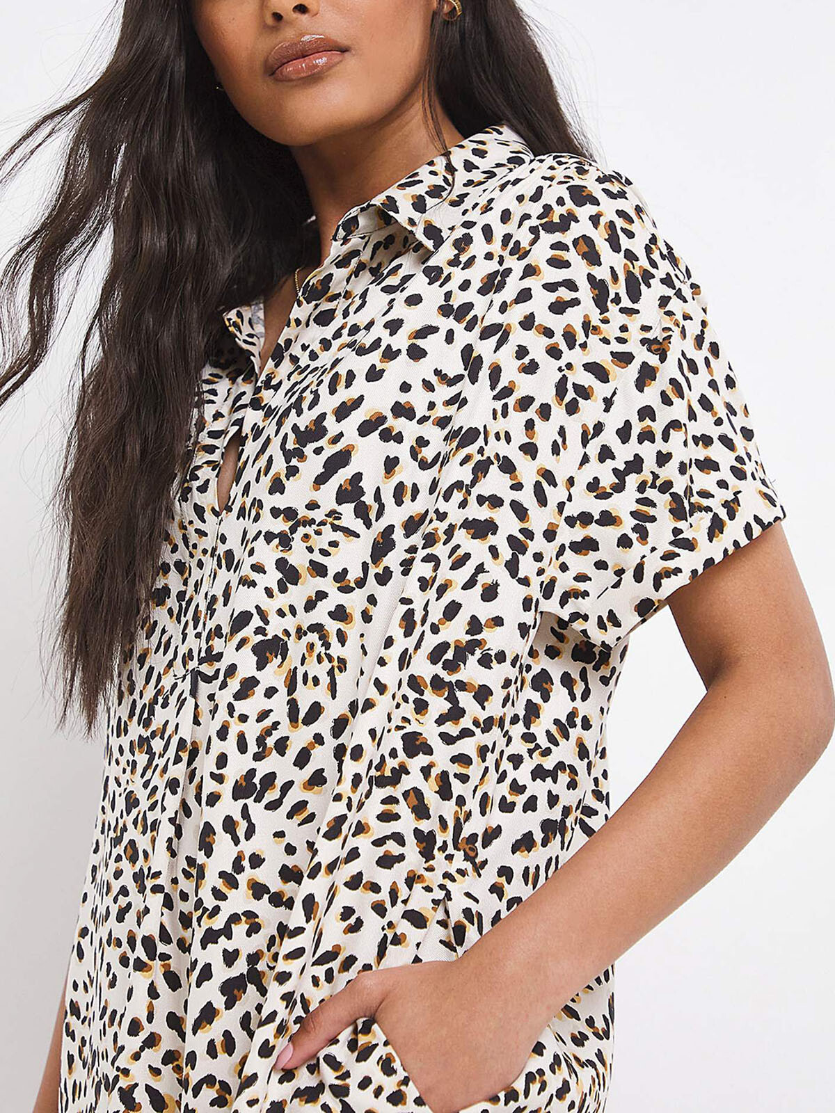 JD Williams Shirt Dress IVORY Animal Print Relaxed Collar Size 10 14 16