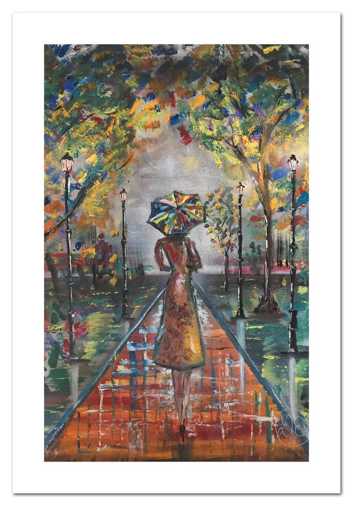 Elegant Lady with Umbrella in Rainy Landscape Art Dress Design