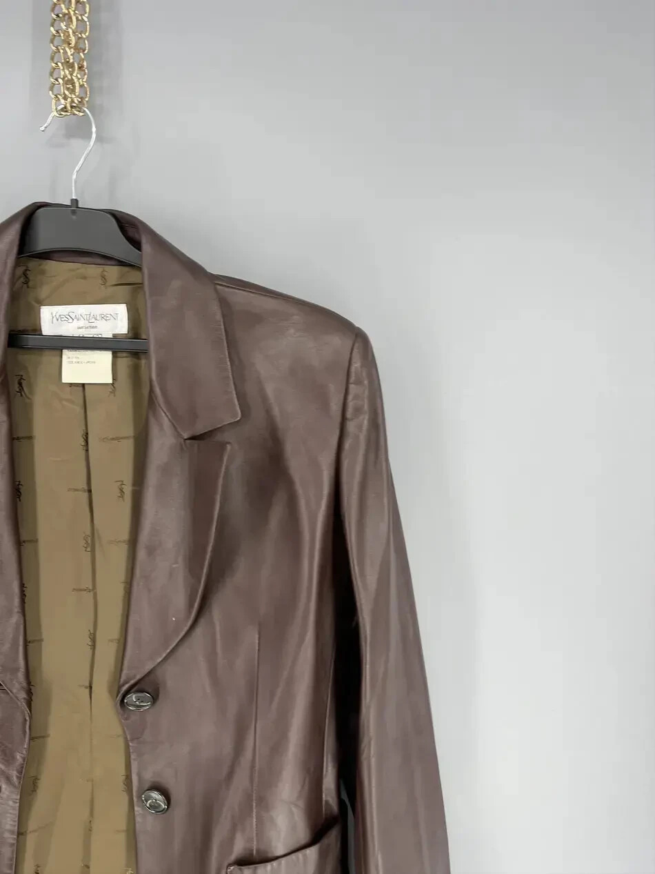 Autentica Giacca di Pelle Vintage Yves Saint Laurent Donna US 12 Italiana