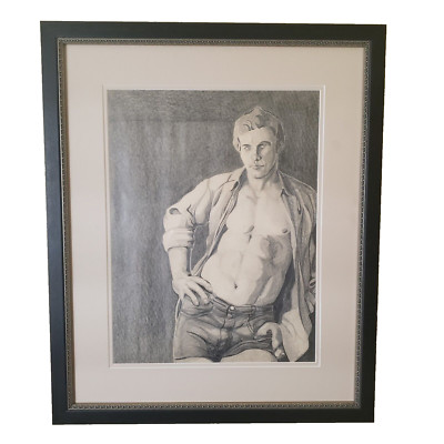 Original Signed 1982 Pencil Drawing Male Figure by Harris, Dallas TX, Framed Art