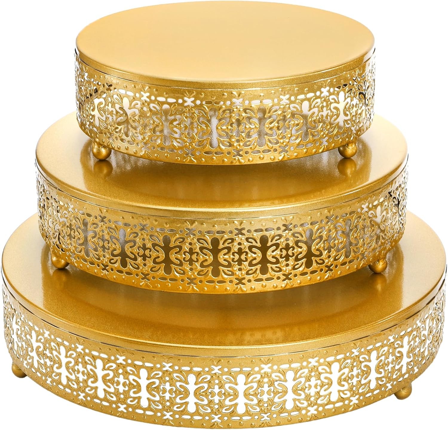 Gold Round Cake Stand Set of 3 12/10/8 Inch Metal Hollow Cake Pedestals