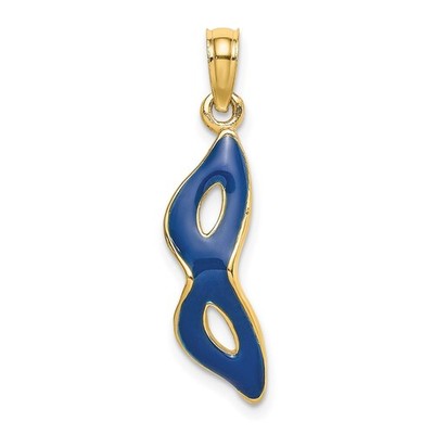 14k Gelbgold 3-D abgeschrägt blaue Emaille Maskerade Maske Anhänger 1,04gm L-19,4mm