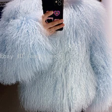 Lady Cropped Mongolian Fur Coat Stand Collar Winter Warm Fur Jacket Overcoat