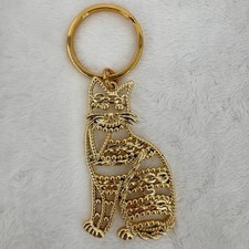 Cat Keyring Gold Tone Sitting Kitty Feline Novelty