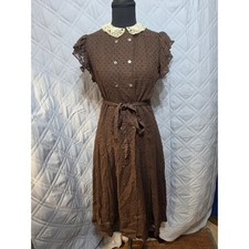 Vintage Albert Nipon Brown Swiss Dot Dress Lace Collar Midi Set Size 8READ