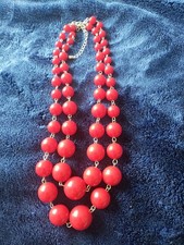 Red Chunky Beaded Necklace 16" With 3" Extension Silver Tone