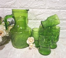 ANNI 70 SET BROCCA CARAFFA  IN VETRO VERDE H CM 23 BASE12CM 6 BICCHIERI Diam7h11