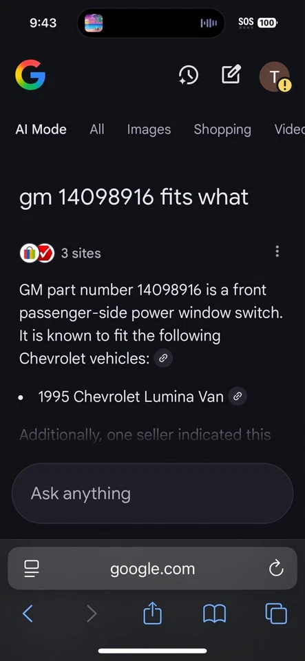 Nuevo OEM 14098916 GM 1995 Chevrolet Lumina Van interruptor de ventana eléctrica delantero derecho Foto 2 de 4