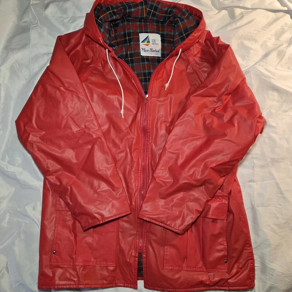 Impermeable Vintage Misty Harbor Franela a Cuadros Forrado Rojo Slicker Con Capucha Talla L Foto 2 de 4