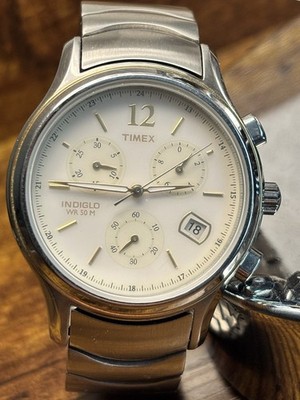 Timex Indiglo Chronograph Watch Silver Stainless Steel WR 50M Date Men s 