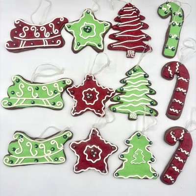 12 Iced Gingerbread Clay Cookie  Christmas Tree Ornaments Tree Sled Star Candy