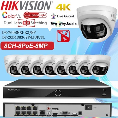 Hikvision 8CH NVR 4K 180° Panoramic IP Camera System Hybrid Light 2Way Audio Lot