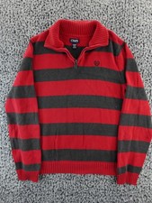 CHAPS Boys Sz XL 18/20 Red & Grey Striped 1/4 Zip Thick Cozy Cotton Sweater
