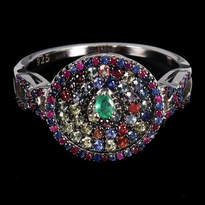925 Sterling Silver Ring Pear Emerald 3x2mm Ruby Sapphire Gemstone Jewelry Sz 7