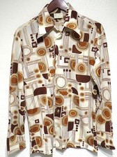vtg Sears BROWN CIRCELS  SHAPES DISCO Shirt M 70s Polyester Kings Road Ivory