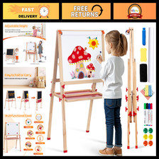 Adjustable Wooden Kids Easel with Paper Roll Accessories, Double-Sided Art Sta