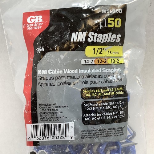 Gardner Bender MSI50B Metallic NM Cable Wood Insulated Staples 13mm 1/