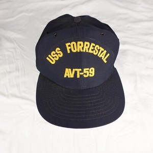Vintage USS Forrestal AVT-59 Hat Cap Blue Snapback Military Made In USA New Era
