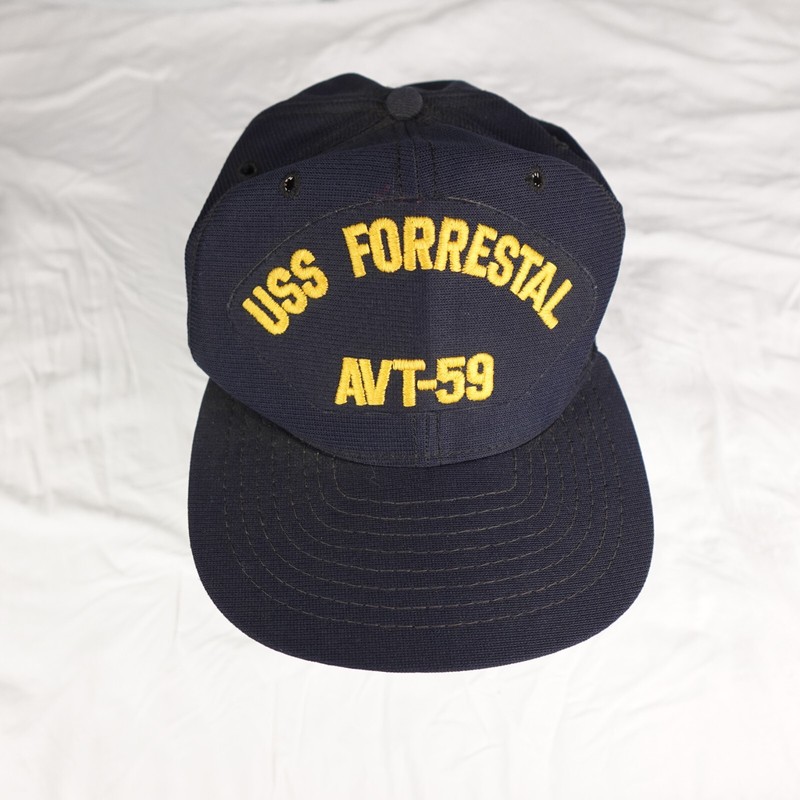 Vintage USS Forrestal AVT-59 Hat Cap Blue Snapback Military Made In USA New Era