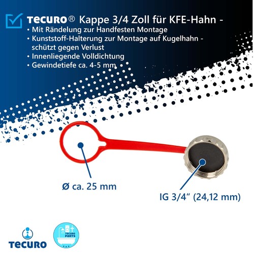 3 Stück tecuro Kappe Blinkappe 3/4 Zoll für KFE-Hahn - mit Dichtung - Messing - Bild 3 von 4