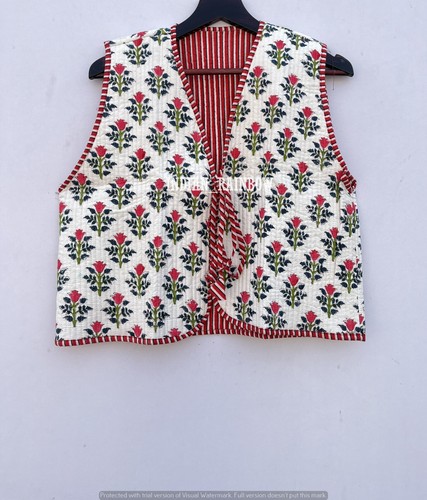 Double Side Vest Cotton Quilted Women Wear Front Open Kimono Stripe piping