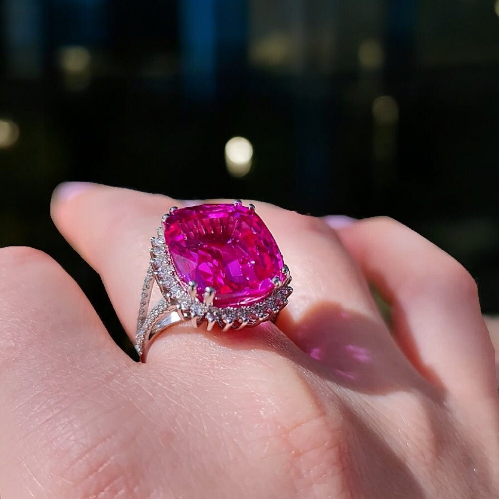Wedding Ring Lab Created Pink Sapphire Diamond Platinum 13.80