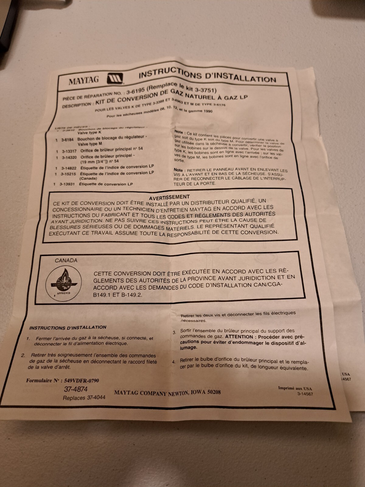 MAYTAG DRYER PROPANE CONVERSION KIT 306195 (5 Total Kits ) New Old