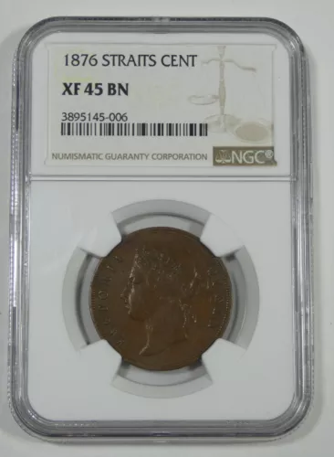 1876 Straits Settlements (Malaysia) Cent CERTIFIED NGC XF 45 BROWN