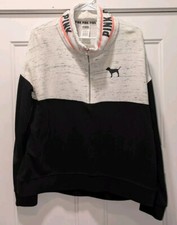 Pink Victoria's Secret Sweatshirt Women's Heather Gray Black Half Zip Pullover L