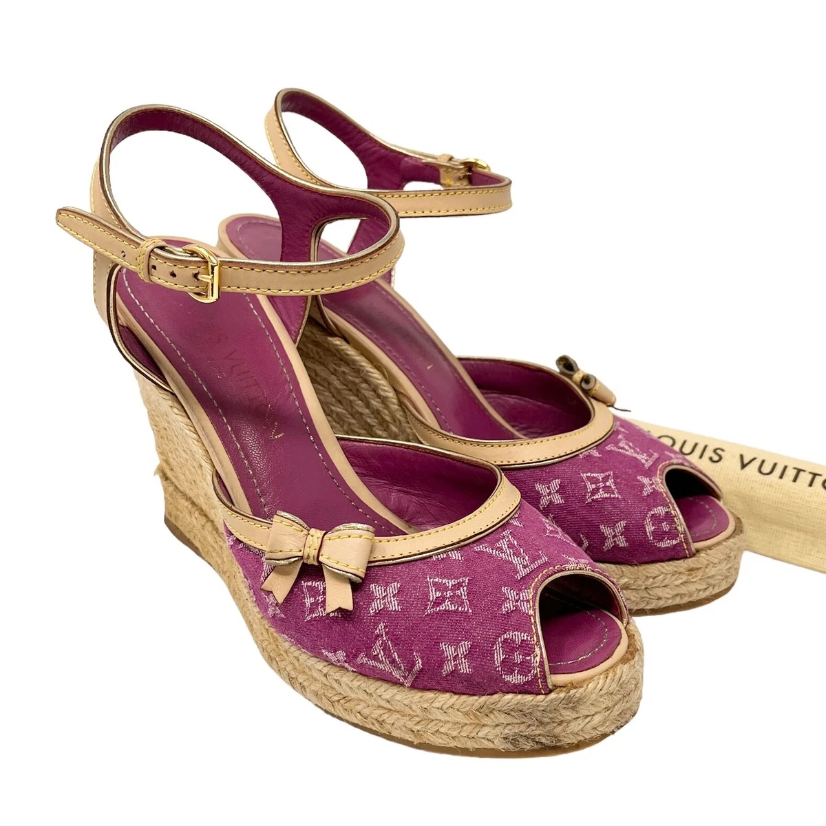 LOUIS VUITTON LV Monogram Denim Sandals #38 US7 Wedge Sole Ribbon Pink  RankAB