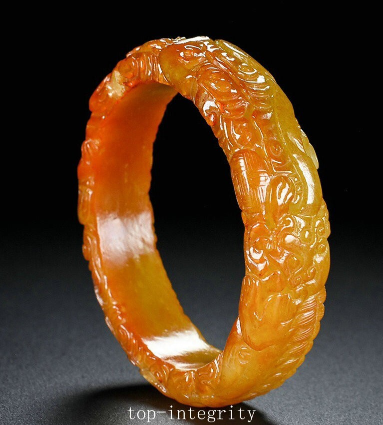 66mm Natural Hetian Jade Sugar Color Carved Dragon Beast Bracelet Bangle