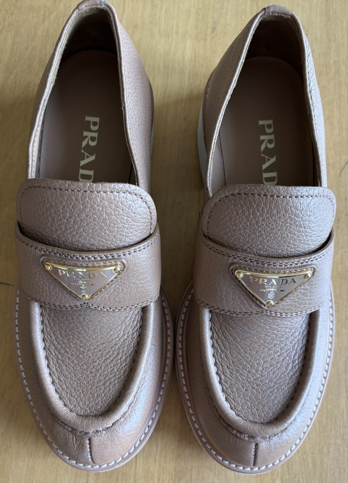 PRADA Triangular Logo Tan Leather Mod Toe  Loafer… - image 4