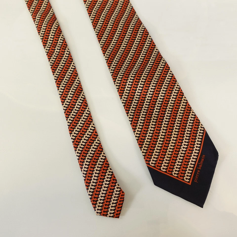 Pierre Balmain Neck Tie Mens Blue Orange Striped Silk Luxury Suit Classic Adult - Image 3 of 4