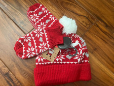 NEW girls boys BEANIE WINTER HAT SET mittens RED KNIT deer POMPOM ski 3T 4t 5 6