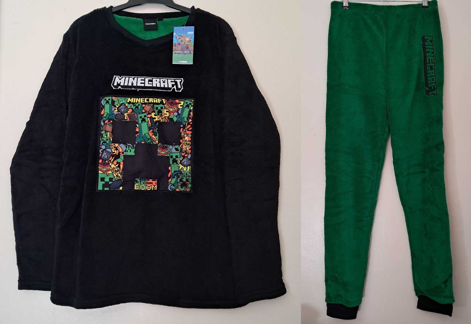 Minecraft Fleece Pyjamas Pjs Thick Warm Creepers Green Black