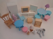 elc & other wooden dolls house furniture & accessories pots & pans