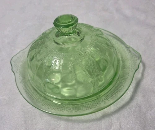 Green Depression Glass Cameo Ballerina Cheese Dish with Cover Hocking Glass 30's