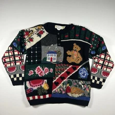 Vintage 80s Eagles Eye Womens Cottage Patchwork Hand Knit Medium 100% Laine Wool