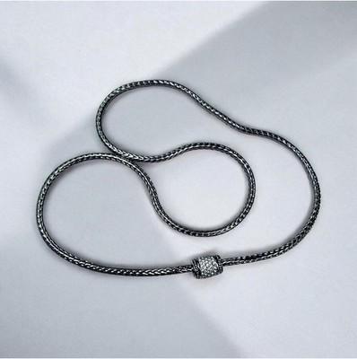 Sterling Silver Tone Woven Wheat Chain Necklace Clear Pave Crystal Barrel Bead