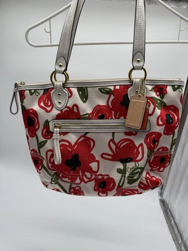 Borsa Coach Papavero Floreale Rossa Bianca Tela Bordo Brevetto Primavera Estate