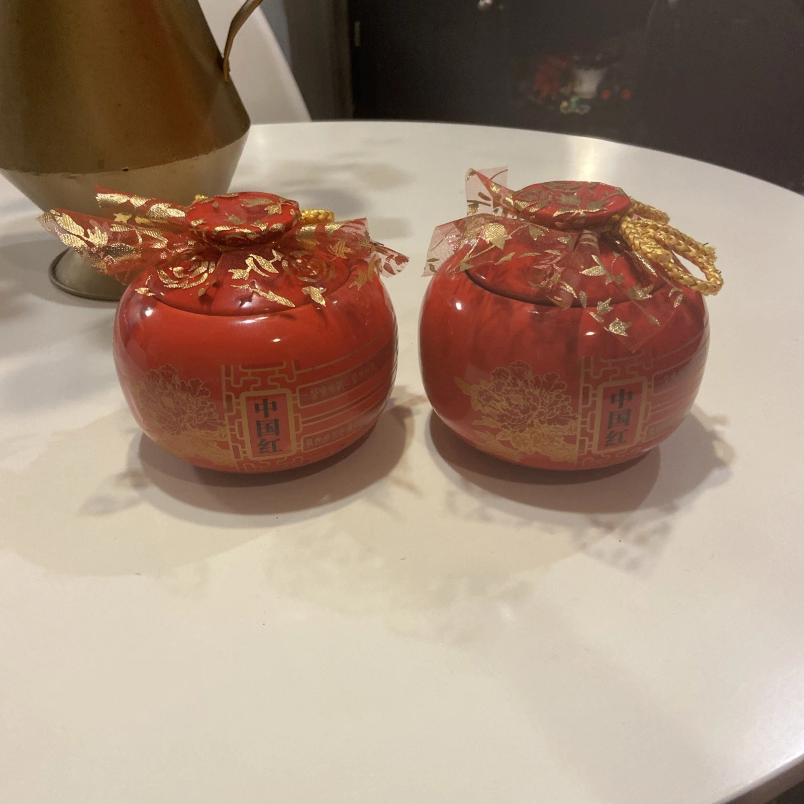 Set of Red Rounded Lidded Storage Containers Ceramic Canister