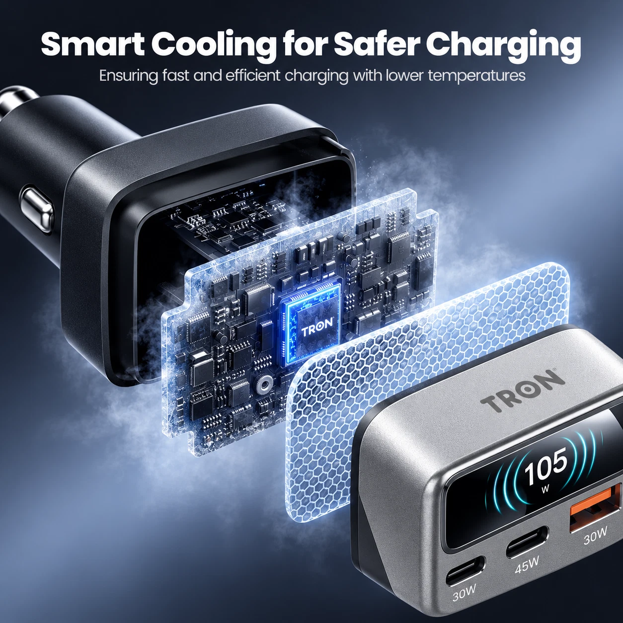 TRON 105W 3-Port Car Charger with Smart TFT Display, USB-C & USB-A Fast Charging - product detail image 12