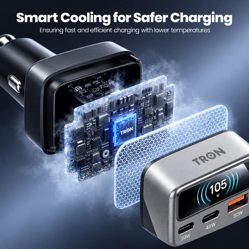 TRON 105W 3-Port Car Charger with Smart TFT Display, USB-C & USB-A Fast Charging image 12