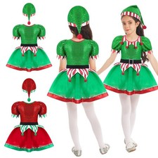 Kids Girls Christmas Elf Costume Sequins Skating Dance Dress Xmas Party Dress Up